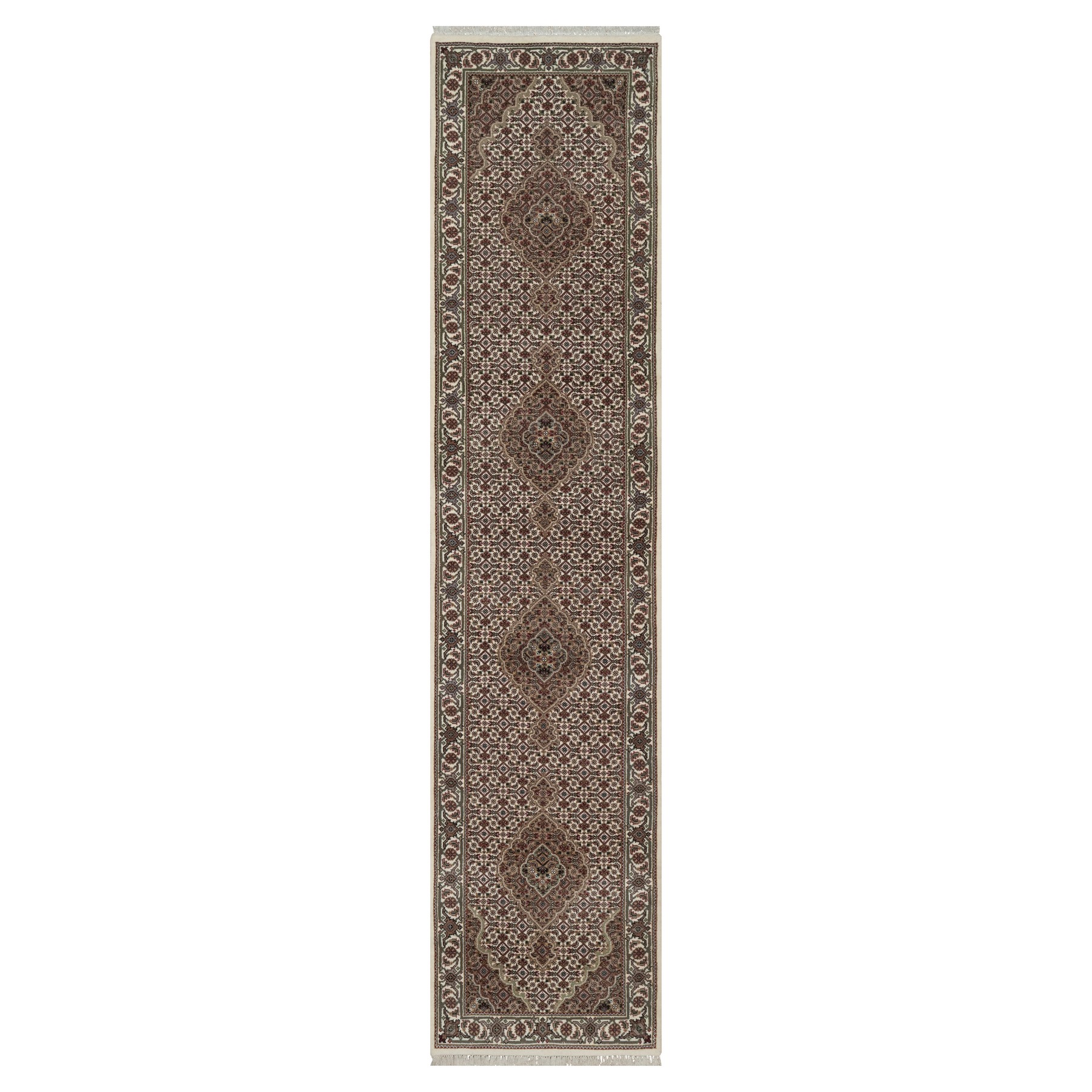 Pearl White, Tabriz Mahi with Fish Medallions Design, Hand Knotted, 100% Wool, 175 KPSI, Runner, Oriental Rug